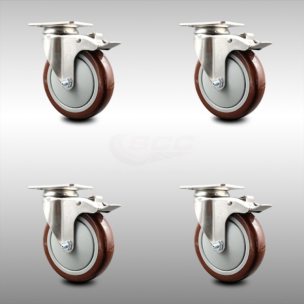 5 Inch 316SS Maroon Polyurethane Swivel Top Plate Caster Set Total Lock Brake